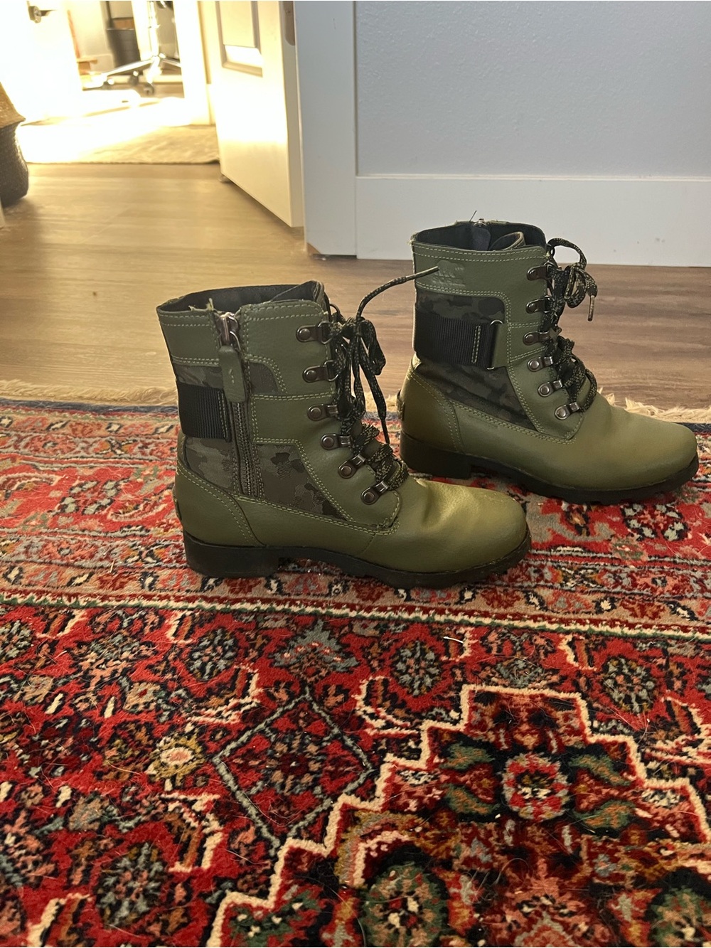 Sorel Kids Olive Green Lace-Up Combat Boots with Camo Panels